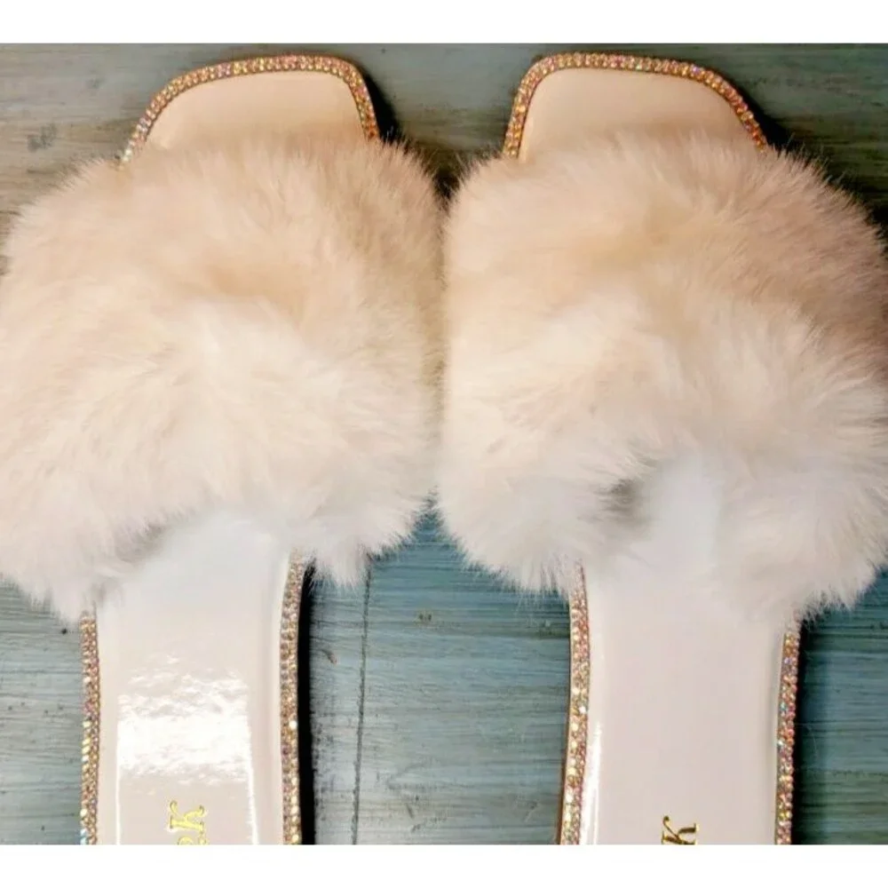 Faux Fur Rhinestone Slides Sandals Slippers Wedding Fuzzy Bling Cute Women Sz 10 - Picture 13 of 16